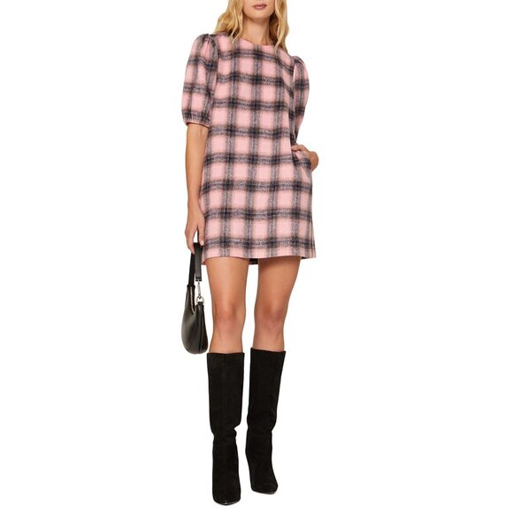 Pink & Gray Plaid Puff Sleeve Mini Dress By Toccin X RTR Size 12 Blend Fabric - Picture 12 of 12